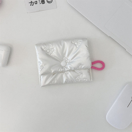 INS Style Silver Sanitary Mat Bag Zipper Button Change Purse Coins Keys Wallet Love Bow Credit Card Holder Cosmetics Napkin