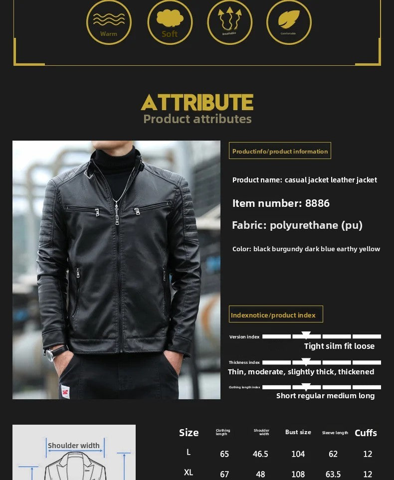 Men's Fleece Lined Biker Jacket Stand Collar Casual Versatile Spring Autumn Leather Coat for Students Fashionable Outerwear