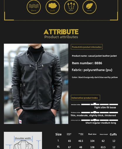 Men's Fleece Lined Biker Jacket Stand Collar Casual Versatile Spring Autumn Leather Coat for Students Fashionable Outerwear
