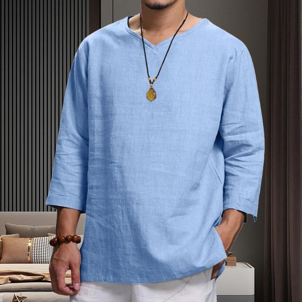 Cotton And Linen Men New 3/4 Sleeve Loose Solid Casual Large Pullover Shirt Leisure Summer Spring Long Sleeves Men Casual Shirt