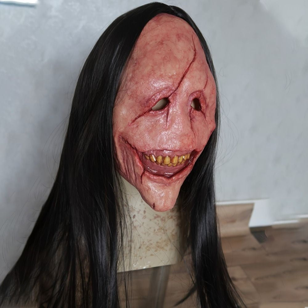 Scary Long Hair Red Face Devil Mask Exposed Teeth Latex Headgear Wig Horror Face Masks Creativity Spooky Scary Demon Mask