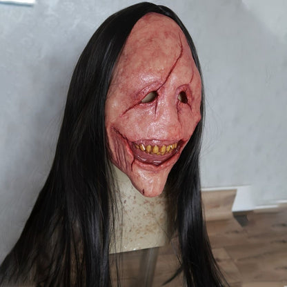 Scary Long Hair Red Face Devil Mask Exposed Teeth Latex Headgear Wig Horror Face Masks Creativity Spooky Scary Demon Mask