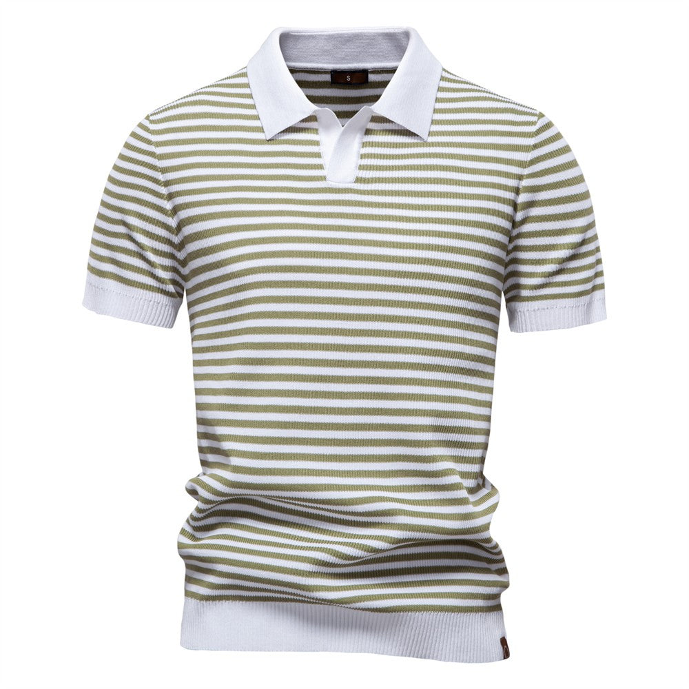 ?AIOPESON 2025 Men's Contrast Striped Polo Shirt - Lightweight V-Neck Knit Top with Breathable Textured Panels