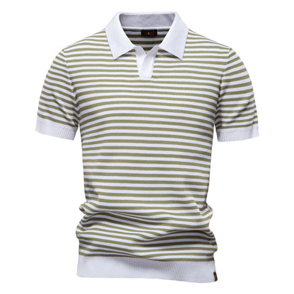 ?AIOPESON 2025 Men's Contrast Striped Polo Shirt - Lightweight V-Neck Knit Top with Breathable Textured Panels