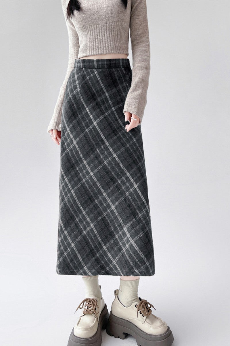 2025 Autumn Vintage Woolen Plaid Skirts Lady Elegant High Waist Slimming A-Line Skirt Women Korean Streetwear Slit Long Skirt