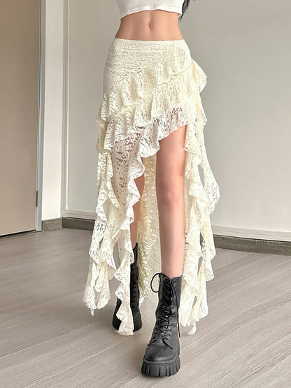 Nibber Tassels Women Skirts Irregular Hem Multi-Layered Ruffles Lace Patchwork S