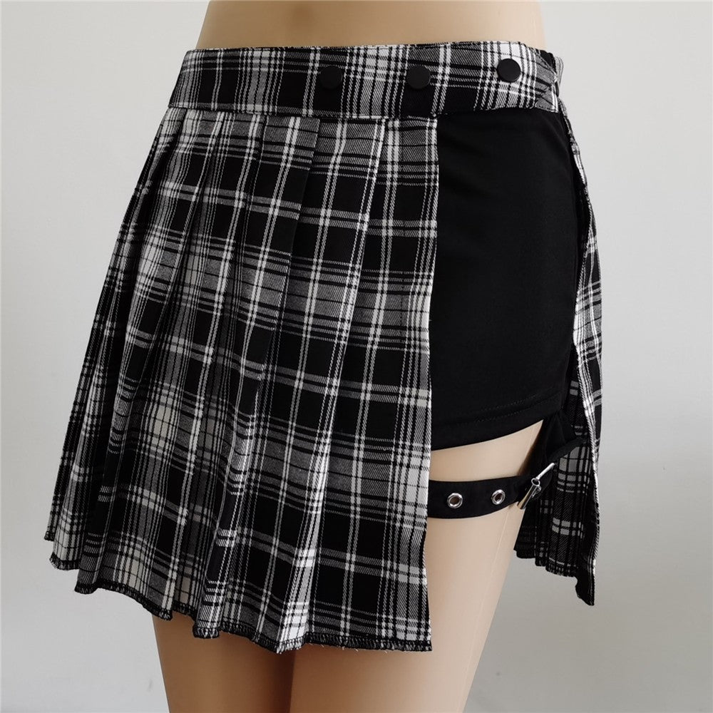 Pleated Girls Gothic Half Skirts Summer Harajuku Punk Style Plaid Irregular Skirts Women Asymmetrical High Waist Black Skirts