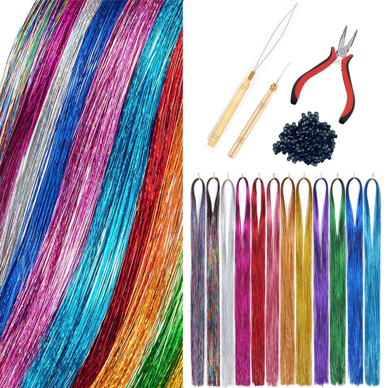 Hair Tinsel Kit With Tool 4200 strands Fairy Tinsel Hair Extensions 12 Color Sparkling Shiny Heat Resistant Highlights Glitter
