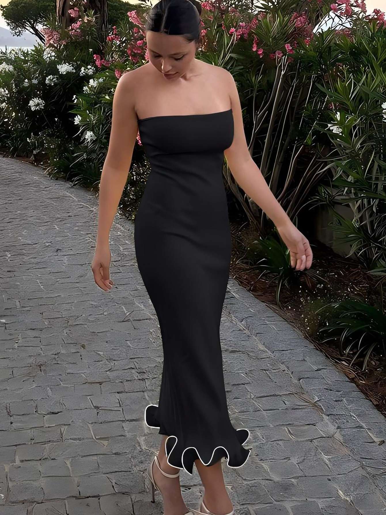 Dulzura Sleeveless Ruffles Patchwork Strapless Bodycon Midi Dress Women'S Solid
