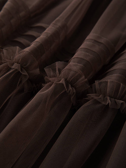 DUSHU Three-color Ruffled Mesh Skirt Women Pleated Mesh Straight Skirt Fairy Retro Gothic Cool Girls Elastic Waist Loose Fit