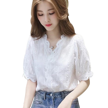 Women's Shirt Lace Hollow Out Sweet Loose White V-Neck Blouse Half Sleeves Solid Blouse Shirt