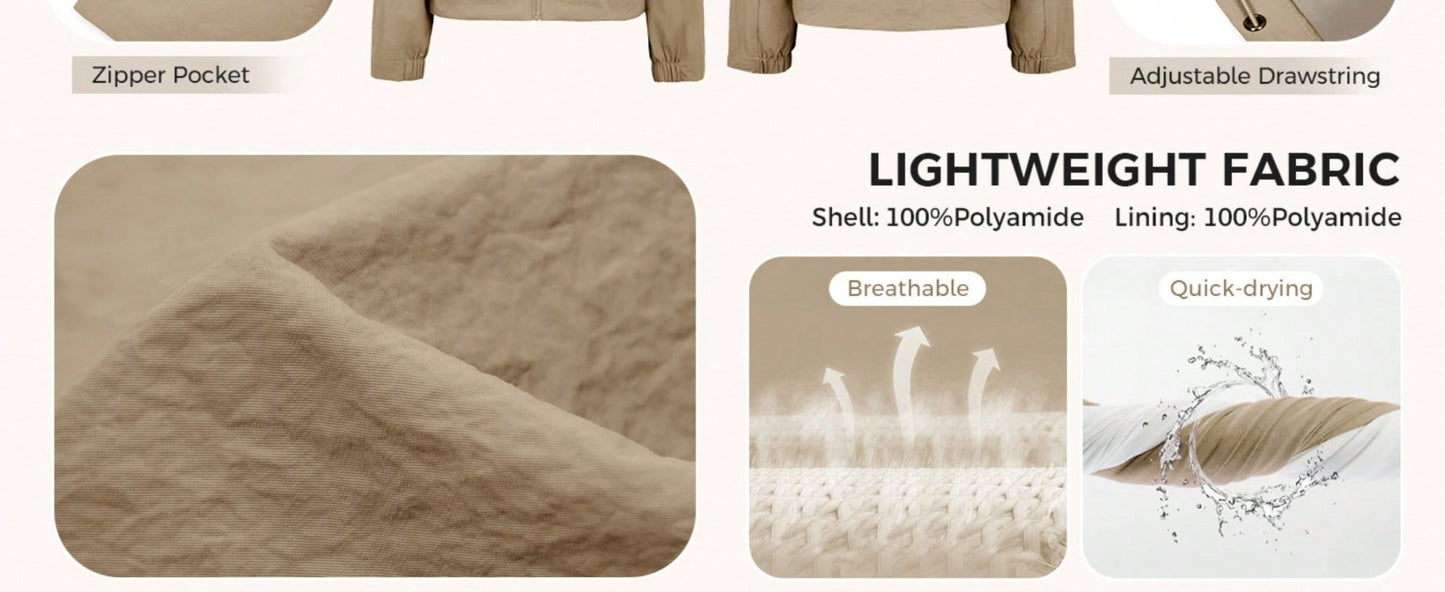 Fisoew Womens Cropped Jacket Zip Up Lightweight Hooded Trench Coat Active Outdoor Windbreaker Raincoat with Pockets