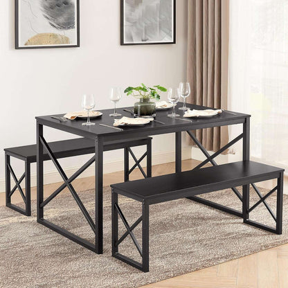 Wooden Kitchen Table Set with Metal Frame and 2 Benches for 4 People, Dining Set for Breakfast Nook and Small Spaces