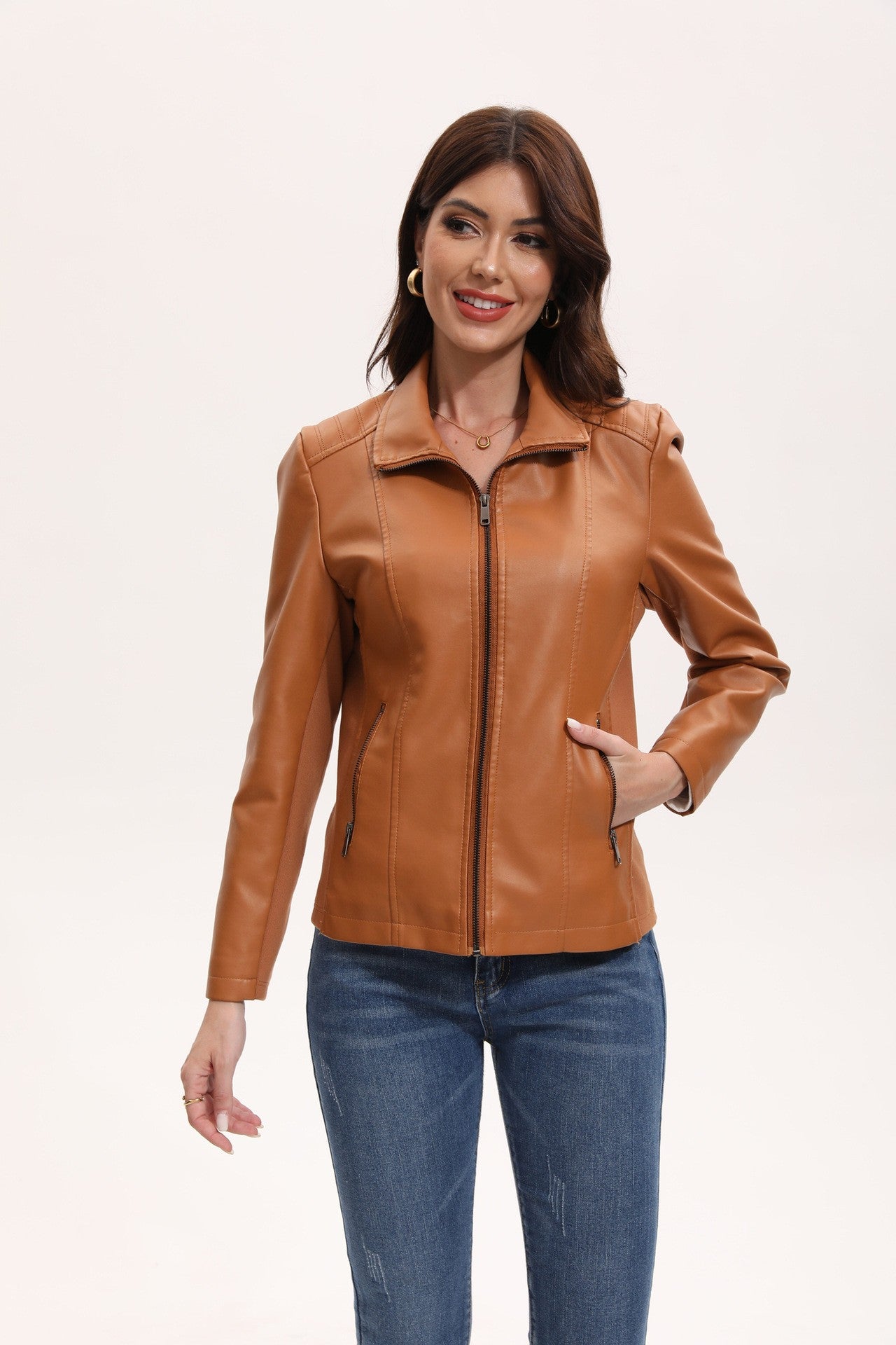 2025 Women’s Stylish Brown Faux Leather Jacket - Slim Fit, Trendy Moto Style with Zipper Detail PU Coat.