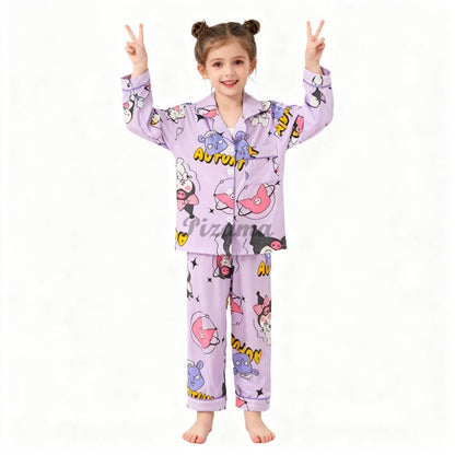 Children's Full Sleeve Button Down 2piece Kuromi Girls Pajamas Sets Boys Cinnamorolls Pyjamas Suits Kids Loungewear Homewear