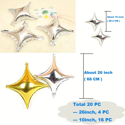 20-Pack of Silver Four-Pointed Star Balloons, Party Foil Balloons, 4 Silver Four-Pointed Star Balloons and 16 Silver 10inch Four-Pointed Star Balloons, Suitable for Birthday Parties, Theme Party Decorations
