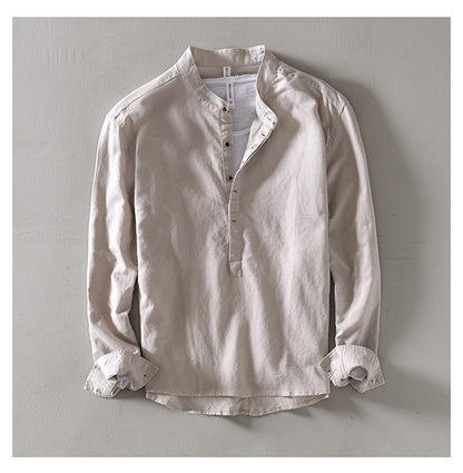 2024 Men's Linen Long-sleeved Shirt with Stand Collar, Youth Casual Loose Men's Cotton and Linen White Shirt.Beach Vacation Top