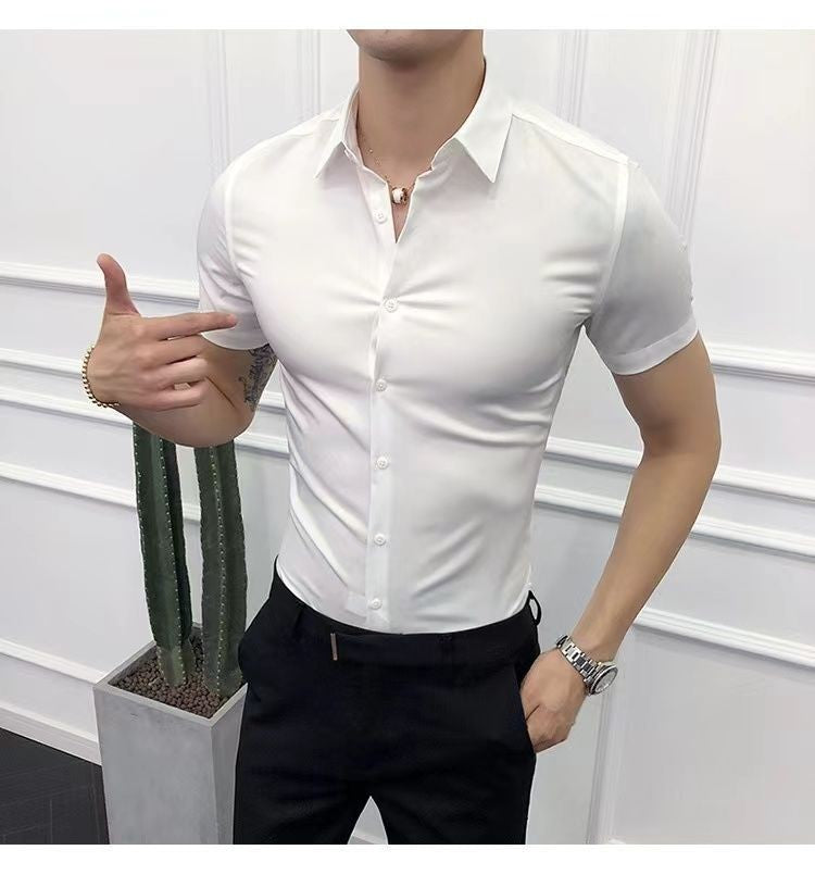 Korean Fashion Trend Casual Elastic Design Sense Short Sleeve Shirt Men's Solid Lapel Collar Button Breathable Simple Slim Tops