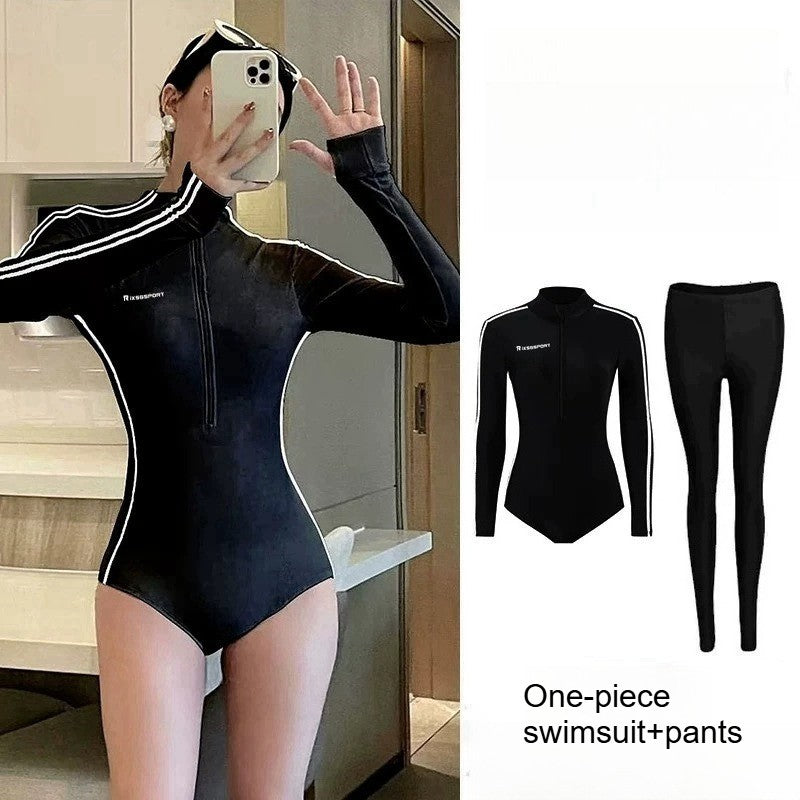 Long Sleeve Swimsuit Women Full Body Wetsuit Front Zip One Piece Bathing Suit with Built in Bra for Wakeboarding Diving Vacation
