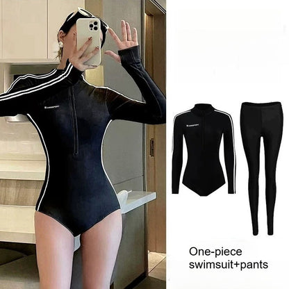 Long Sleeve Swimsuit Women Full Body Wetsuit Front Zip One Piece Bathing Suit with Built in Bra for Wakeboarding Diving Vacation