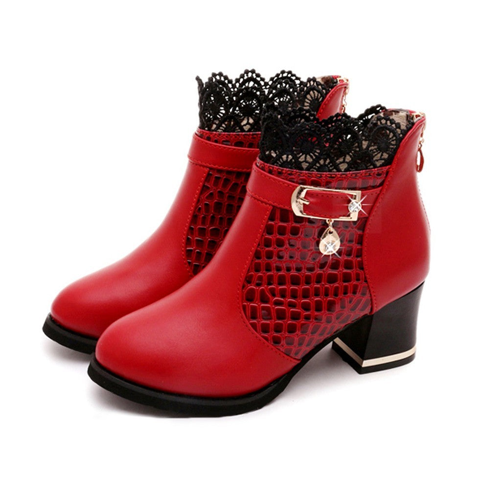 Women'S Ladies Boots Fall Winter Vintage Leather Lace Short Boots Shoes Women'S Fashion Lace Trim Boots Mid-Heeled Boots