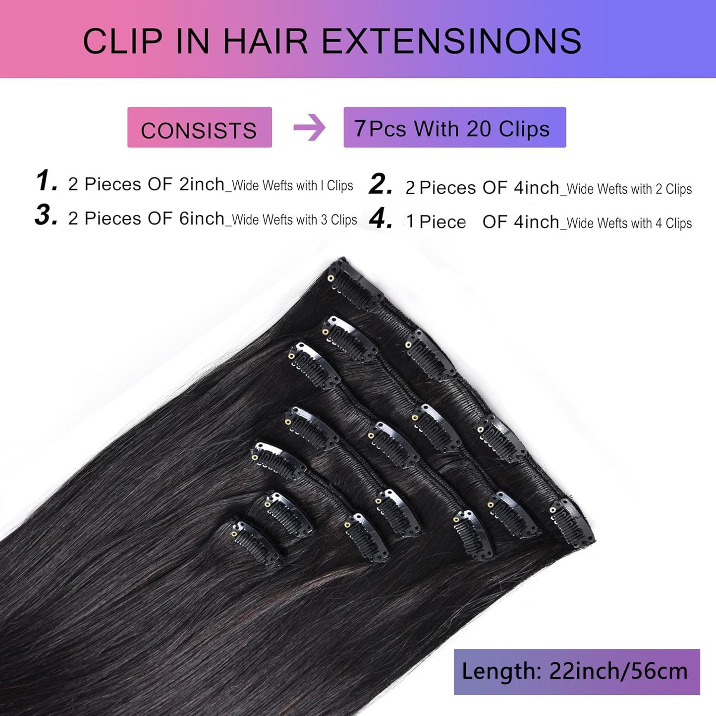 Extensões de Cabelo Sintéticas Pretas Lisas de 22 Polegadas de Comprimento 130g 7 Peças com Presilhas