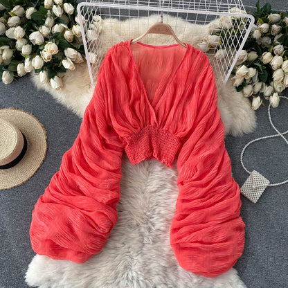 Summer Sexy Draped Chiffon Blouse For Women Elegant V-Neck Puff Long Sleeve Short Tops Female Slim Party Shirts 2022 New Fashion
