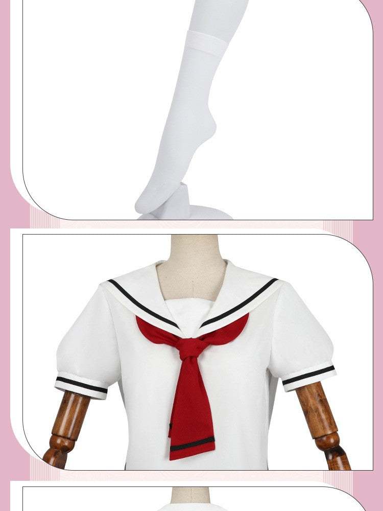 Women Spring Summer Sailor JK Uniform Full Set, Japanese Academy Outfit with Top Pleated Skirt Hat Bow Tie Socks