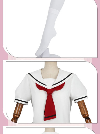 Women Spring Summer Sailor JK Uniform Full Set, Japanese Academy Outfit with Top Pleated Skirt Hat Bow Tie Socks