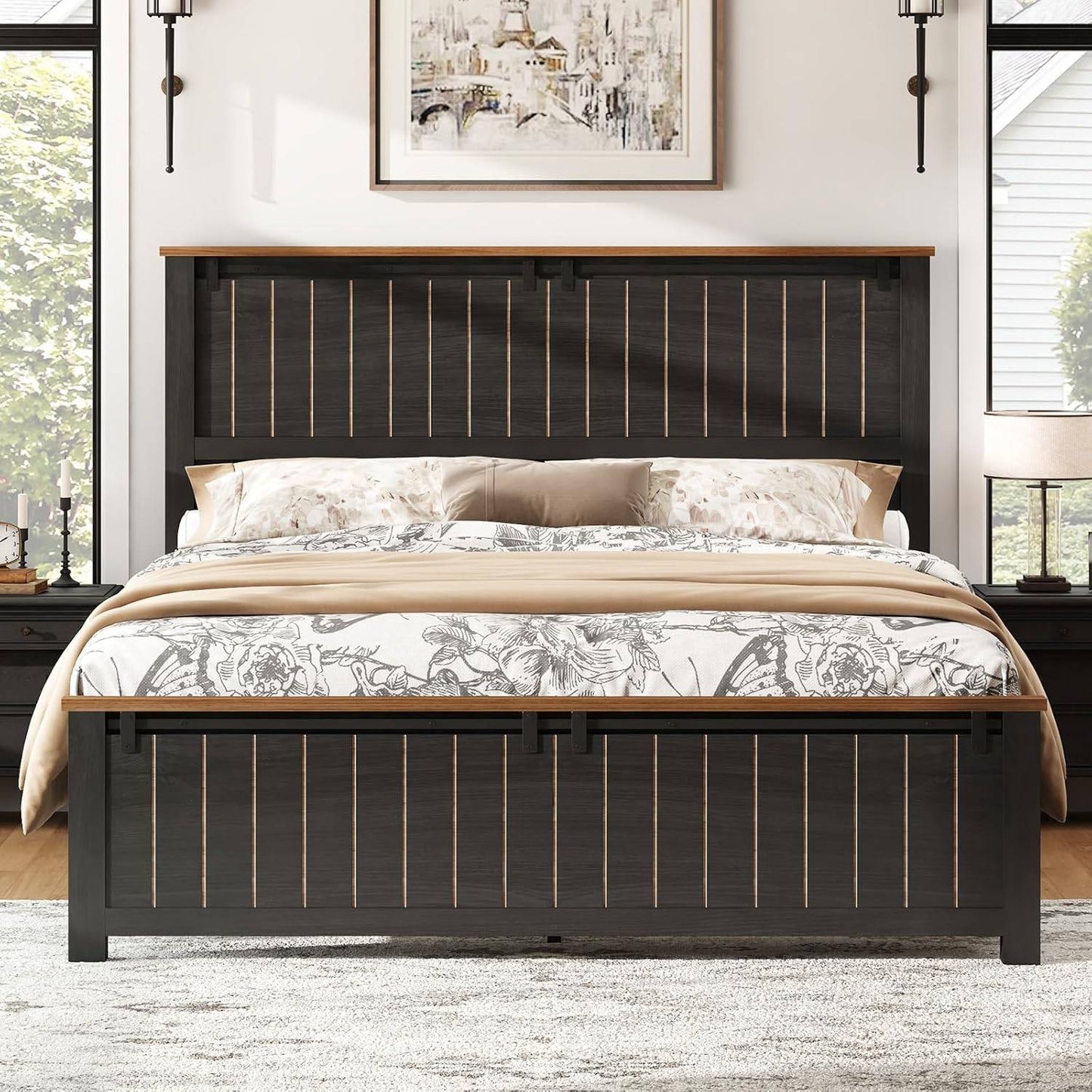Armação de Cama Queen Size Estilo Fazenda com Porta de Celeiro Deslizante, Armação de Cama Plataforma Rústica de Madeira com Cabeceira Alta de 1,20m, Antirruído