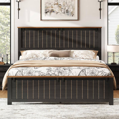 Armação de Cama Queen Size Estilo Fazenda com Porta de Celeiro Deslizante, Armação de Cama Plataforma Rústica de Madeira com Cabeceira Alta de 1,20m, Antirruído