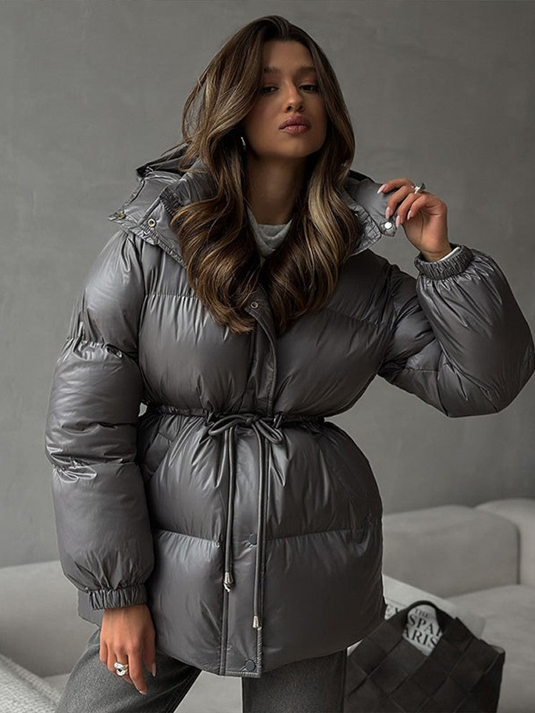 Glossy Shiny Women 's Down Jackets Vintage Hooded Zipper Puffer Full Sleeve Jackets For Woman 2025 Woman Winter Coats Outwears