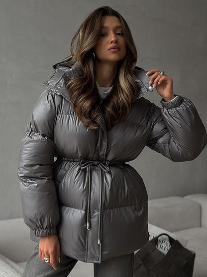Glossy Shiny Women 's Down Jackets Vintage Hooded Zipper Puffer Full Sleeve Jackets For Woman 2025 Woman Winter Coats Outwears