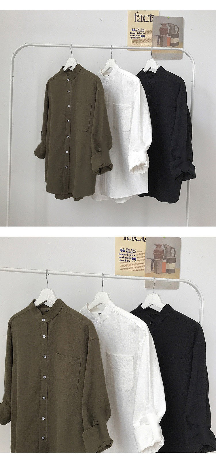 Simple Design Solid Colors Long Sleeve Shirts Korean Fashion Mandarin Collar 100% Cotton White Black Shirt Soft and Comfort