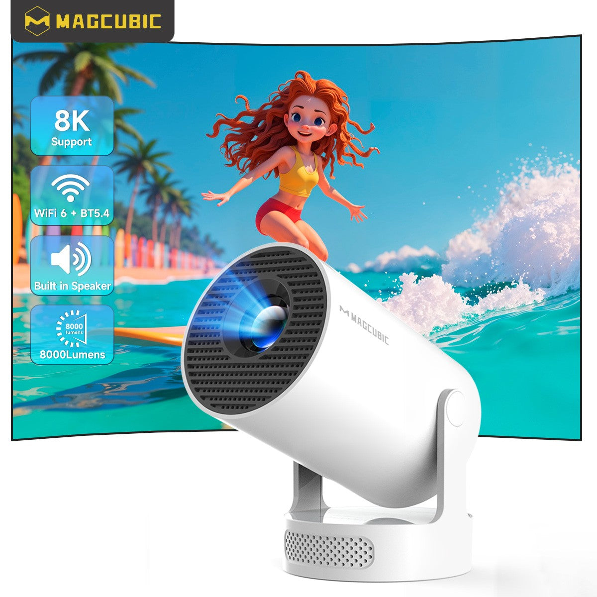 Magcubic 8K Android 14 Portable Projector 8000 Lumens WiFi 6 BT5.4 Outdoor Theater 5W HiFi Speaker 720P HD Supported HY300 Pro+