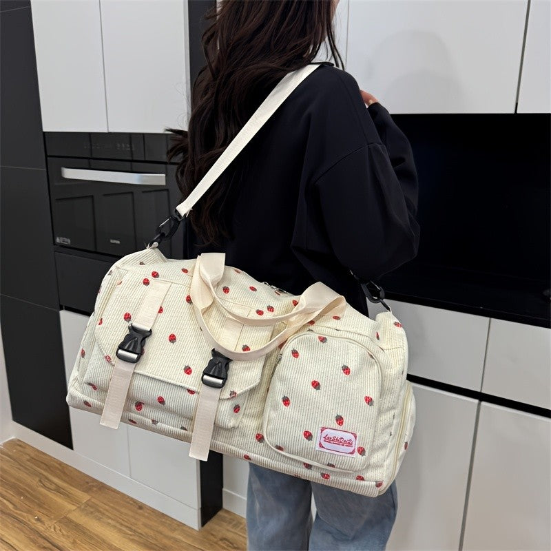Large Capacity Travel Duffel Bag with Strawberry Pattern, Wet/Dry Separation, Independent Shoe Compartment & Multiple Pockets
