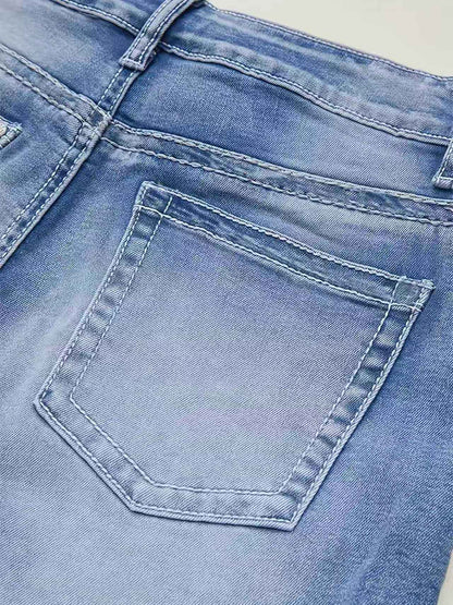 Women's Vintage Distressed Line Flared Jeans, Slim Fit, Mid Rise, Stretchable, Casual, Washed Denim Bell Bottoms