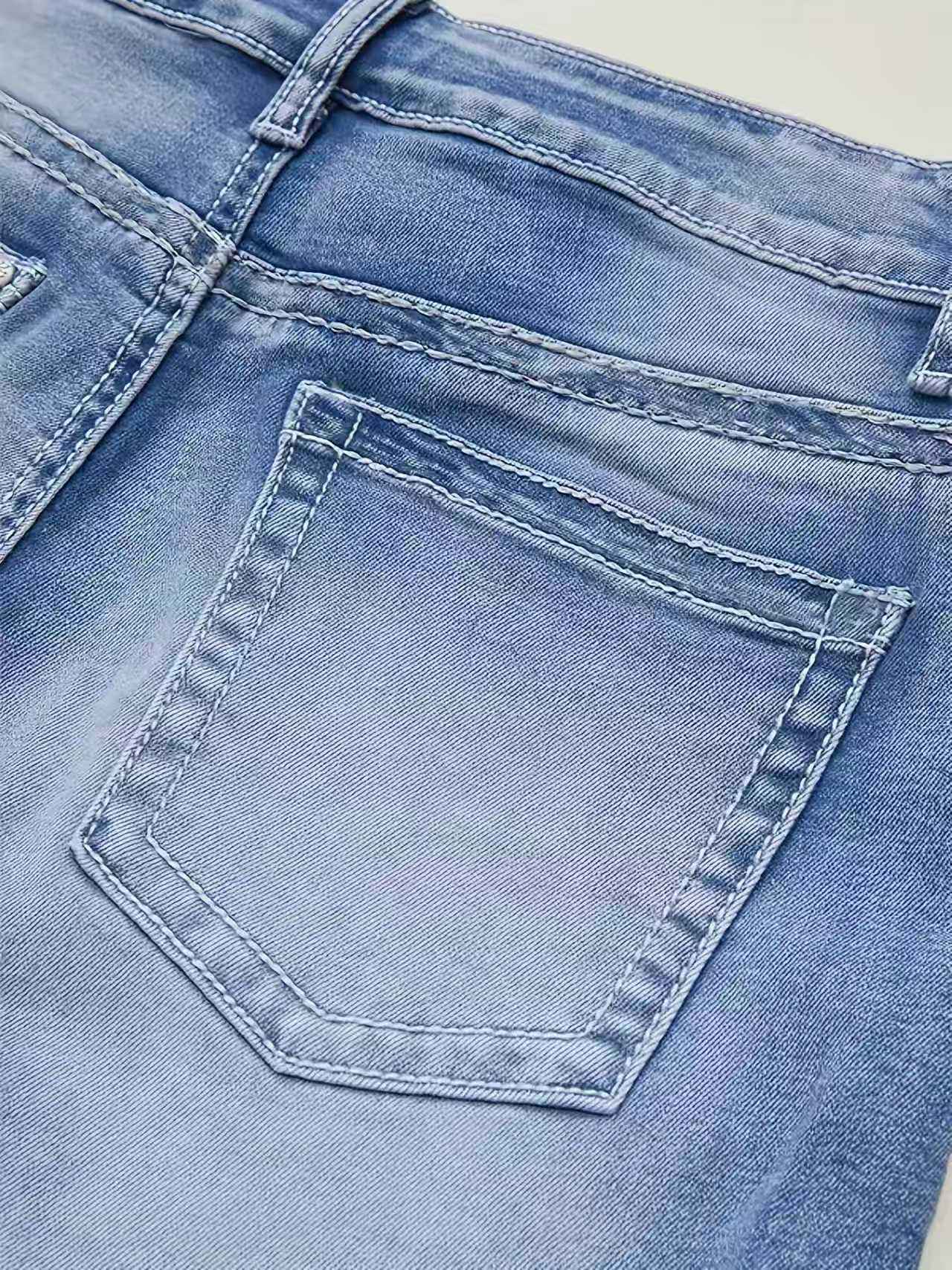 Women's Vintage Distressed Line Flared Jeans, Slim Fit, Mid Rise, Stretchable, Casual, Washed Denim Bell Bottoms