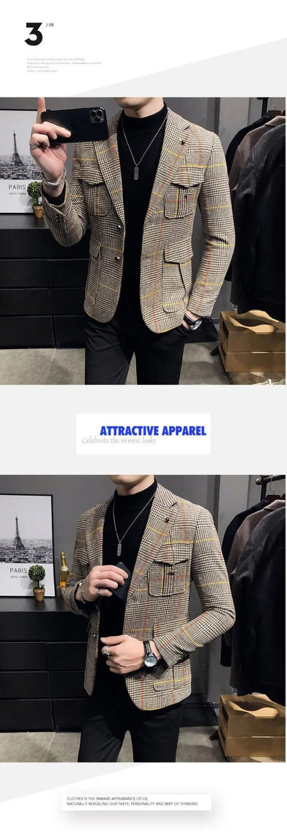 Spring plaid men's jacket British style wedding host business casual suit jacket men's formal  mens blazer Slim fit jacket