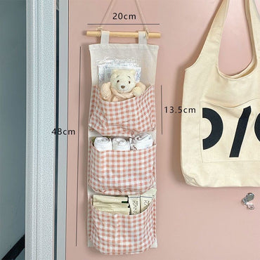 Multi-pocket Hanging Pink Checkered Storage Bag Fabric Hanging Bag Cute Pink Space Saving Style Bedroom Organizers and Storage