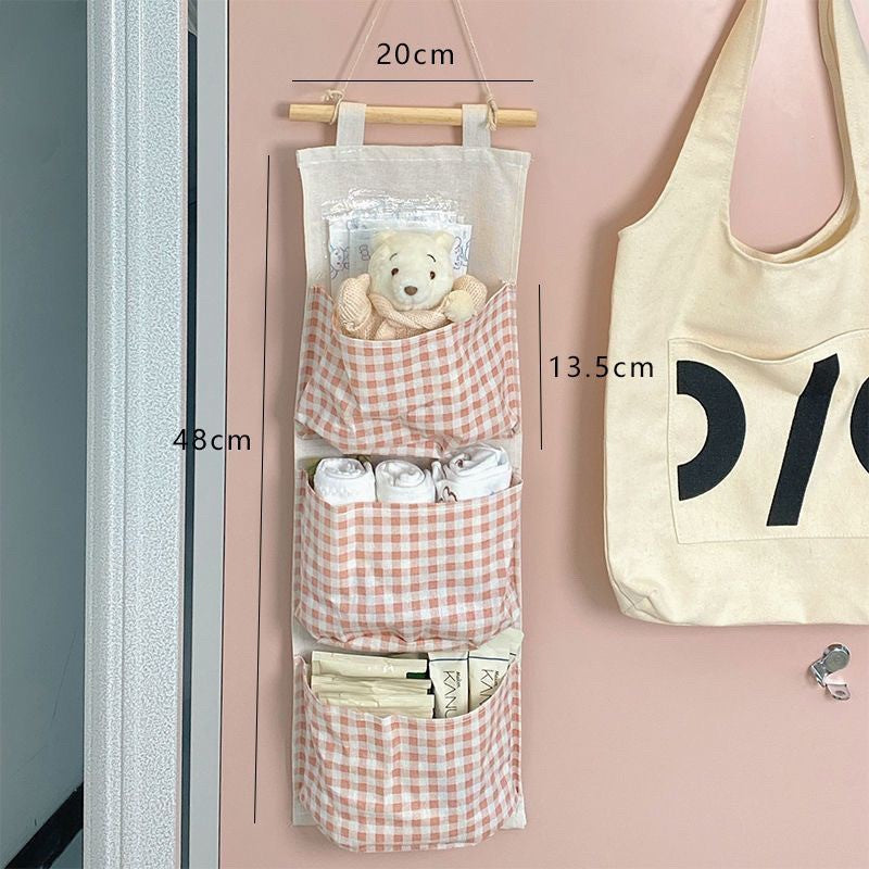 Multi-pocket Hanging Pink Checkered Storage Bag Fabric Hanging Bag Cute Pink Space Saving Style Bedroom Organizers and Storage