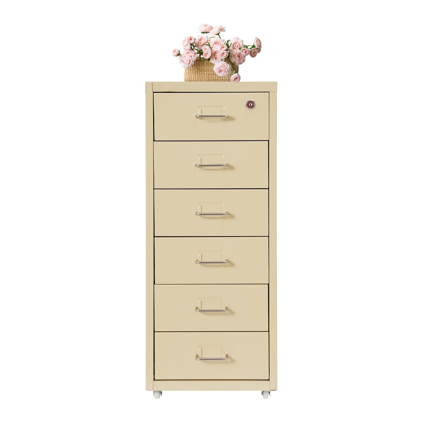 Gaveteiro de Metal com Rodas e Fechadura | Armário para Documentos com 6 Gavetas para Escritório em Casa, com Rodas | Branco-sujo/Verde/Amarelo