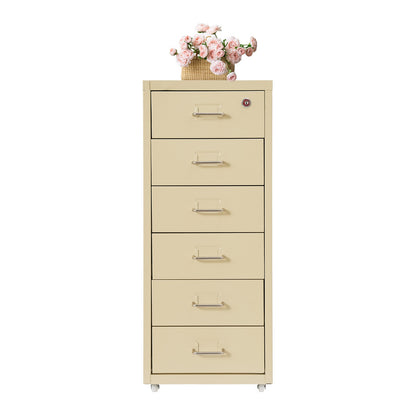 Gaveteiro de Metal com Rodas e Fechadura | Armário para Documentos com 6 Gavetas para Escritório em Casa, com Rodas | Branco-sujo/Verde/Amarelo