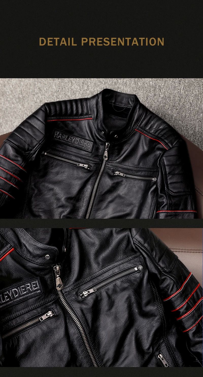 Men's Spring Original Leather Motorcycle Jacket 2025 Skull Embroidery Top Layer Cowhide Clothing Slim Fit Black Slim Male Coat