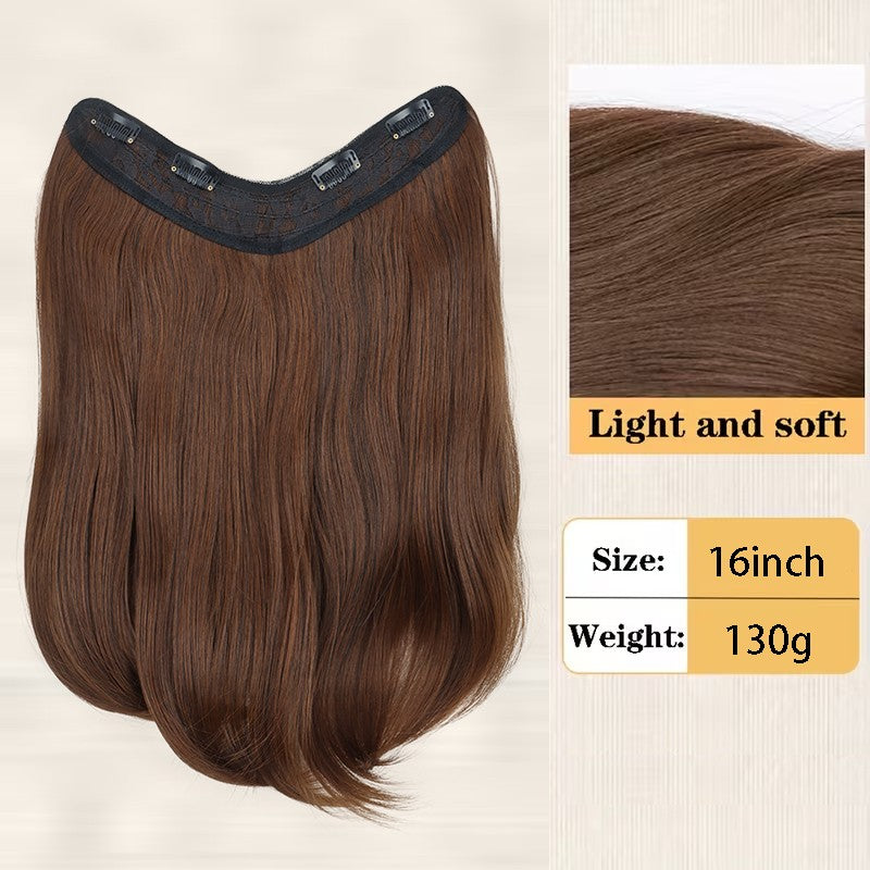 Extensões de Cabelo Sintético Longo Liso em V de 16 Polegadas com 4 Clipes, Aplique Preto Marrom para Adicionar Volume, Uso Diário e em Festas por Mulheres