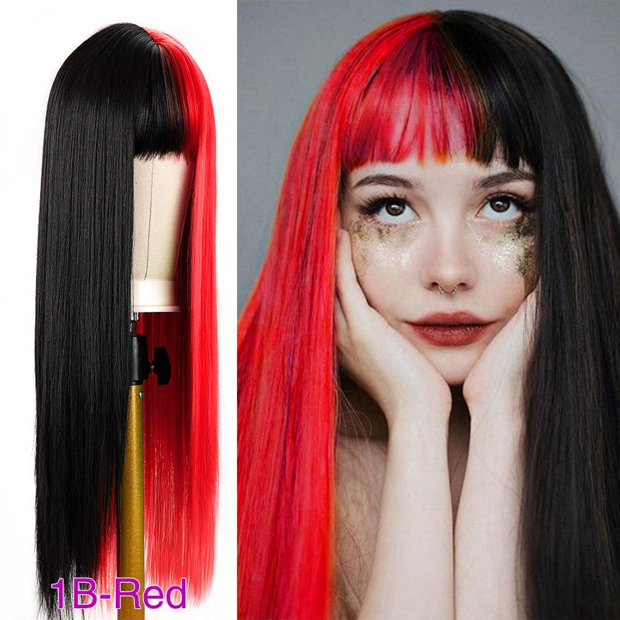 Green And Black Lolita Cosplay Wig Straight Wigs With Bangs Synthetic Heat Resistant Two Tone Wigs Black & Pink Split Color Wig