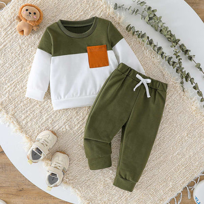 2025 Moda Infantil Todas as Estações Conjunto Duas Peças Meninos Patchwork Calças e Blusa Manga Longa Roupa com Laço para 1-3 Anos