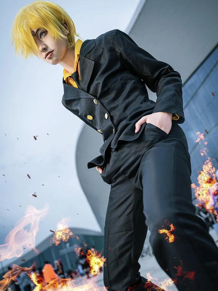 Anime One Sanji Piece Cosplay Costume Blue Yellow Shirt Suit Uniforms Full Set Halloween Party Role Play Outfit for Adult Men