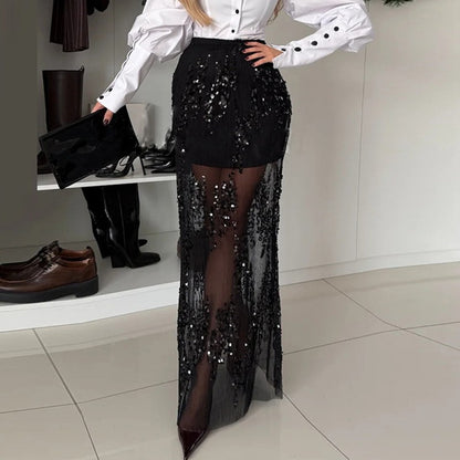 Fashionable Sequin Mesh Hollow Out Skirt Woman Sexy High Waist Slim Long Skirts New Spring Summer Lady Hips Skirt Harajuku Mujer