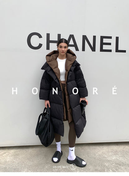 Janveny Fluffy White Duck Down Jacket Women Winter Thickness Warm Long Puffer Coat Hooded Female Fashion Fake Two-piece Parkas